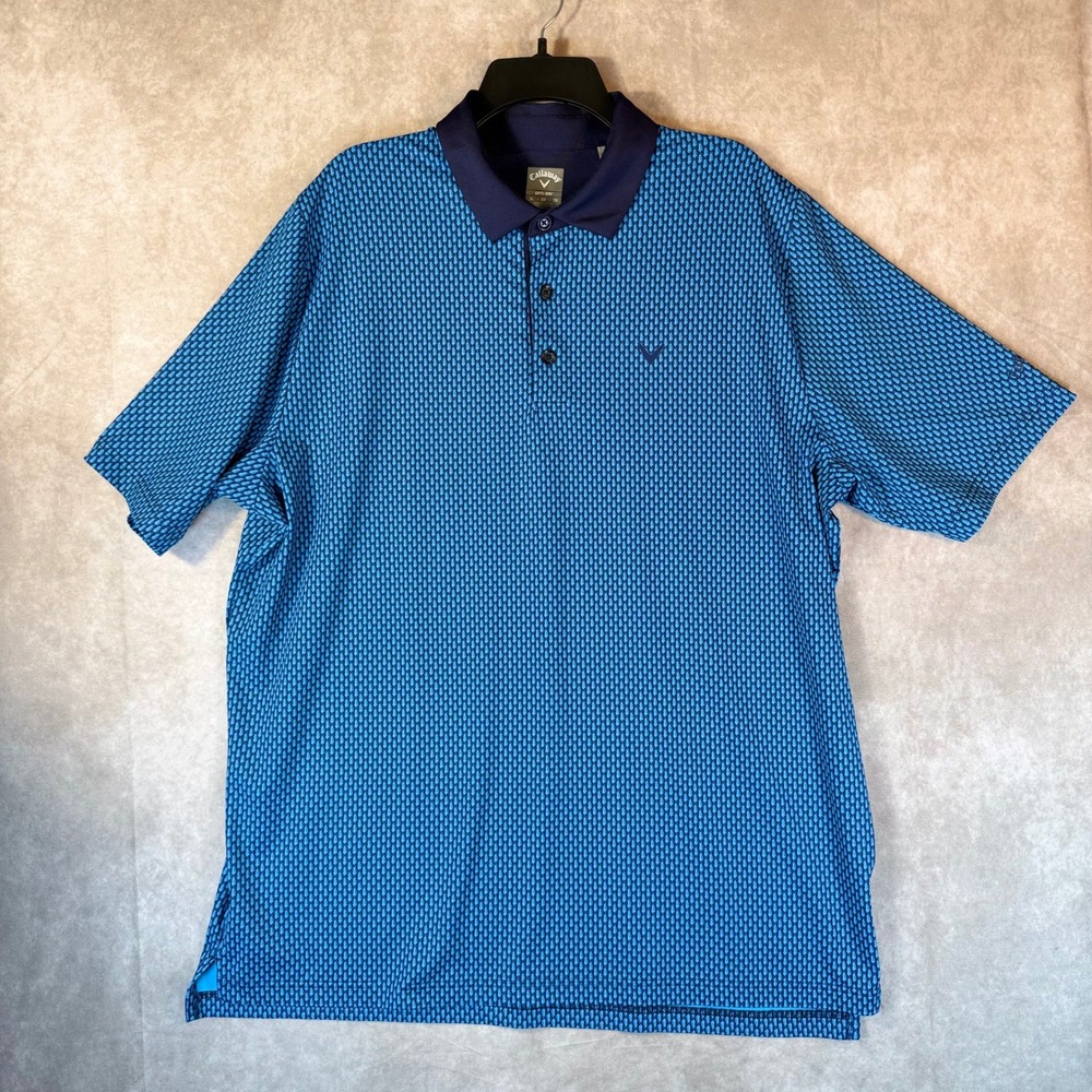 Callaway Polo Shirt Mens XL Blue Golf Cart Print Opti-Dri Short Sleeve Stretch